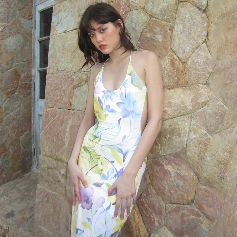 Vestido de moda con espalda descubierta y estampado para mujer, estilo vendaje, ajustado, elegante, de fiesta, con cordones, sexy, largo, para verano 2025