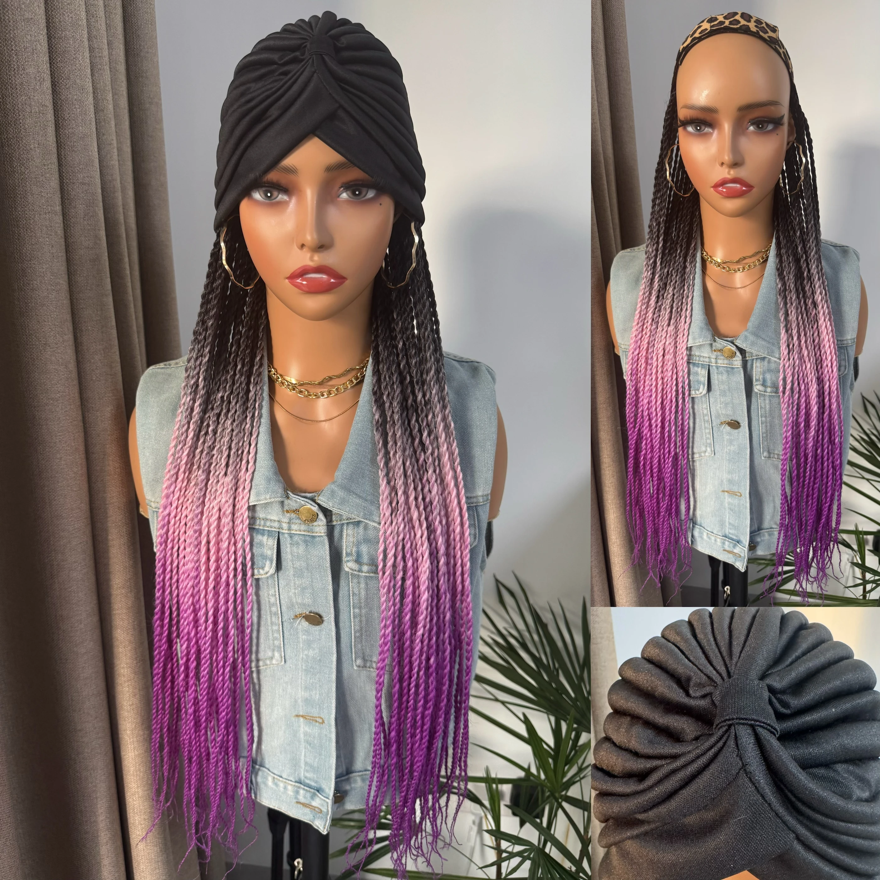WIGERA Long 24Inch Ombre Fantasy Senegalese Twist Braided Synthetic Wig With Headband Turban Braiding Hair Extensions For Women