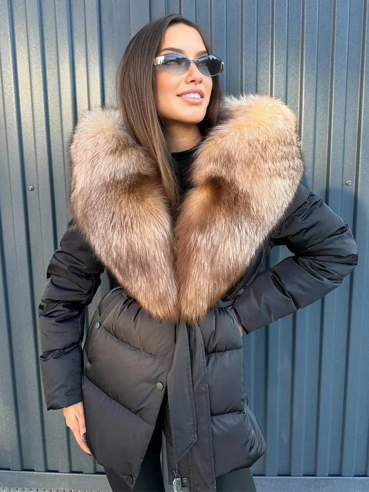 2025 Luxury Winter Large Natural Silver Fox Fur Hooded 90% Goose Down Jacket Women Thickened Warm Coat Waterproof Belted Parkas