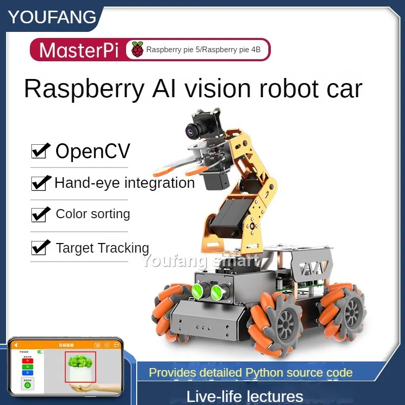 MasterPi 4WD 메카넘 로봇 자동차, 카메라 포함, 라즈베리 파이 4B/5 로봇 DIY 키트, 오픈 소스 AI 파이썬 스타터 키트, 4 Dof 로봇 암