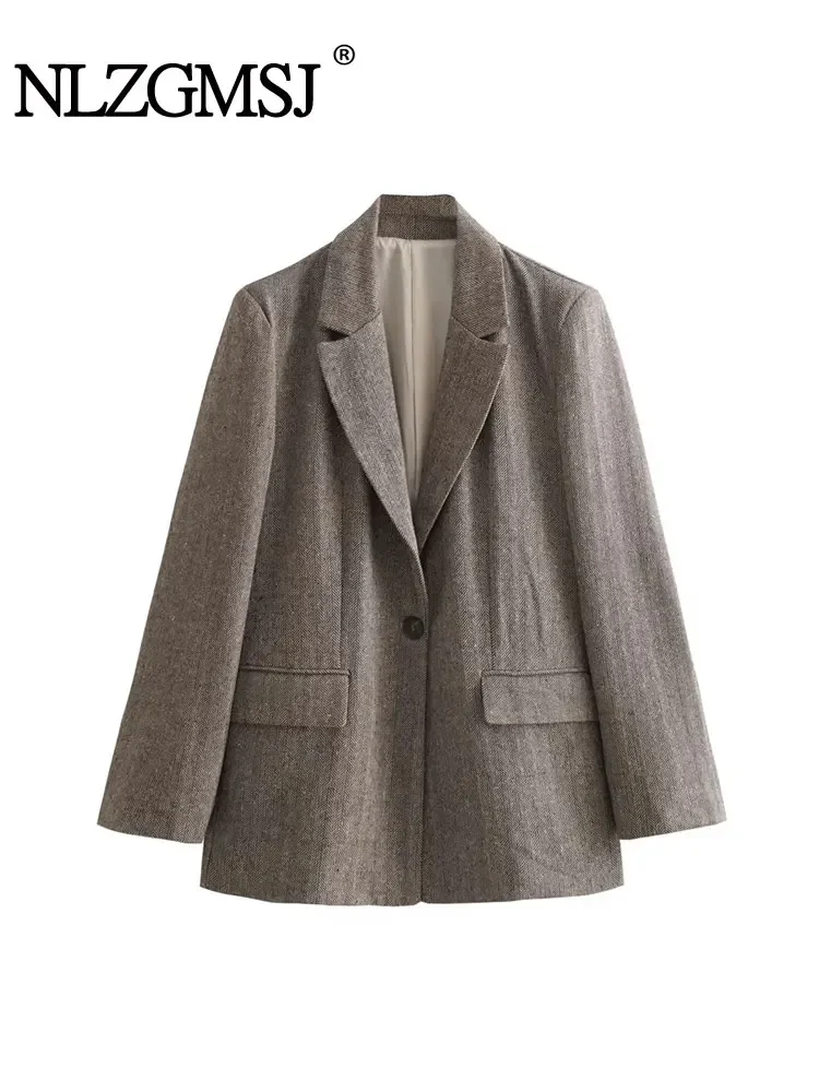 

Nlzgmsj TRAF 2023 Women Herringbone Twill Straight Blazer Jacket Coats Single Button Vintage Casual Autumn Tops