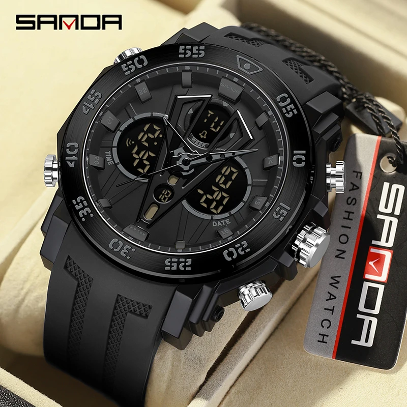 SANDA Digital Watch Men Military Army Sport Chronograph Quartz Wristwatch Original 50m Waterproof Male Electronic Clock New 6105