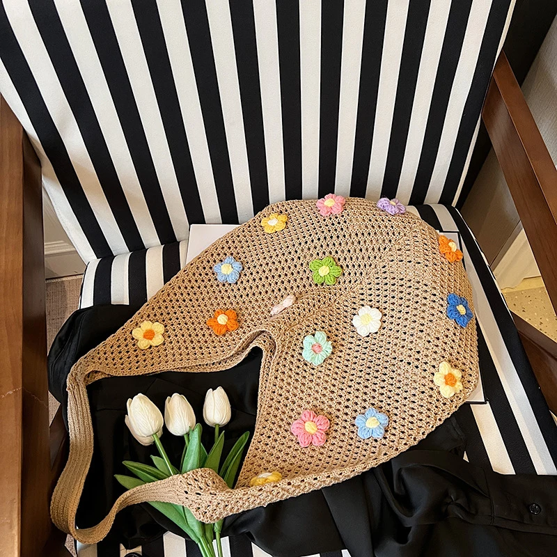 Women's Large Capacity Knitted Tote Handbag Hollow Summer Solid Color Aesthetic Hobo Bag for Daily Use Ladies