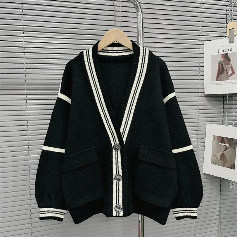 

DAYIFUN 2023 New Autumn/Winter Sweater Women Lazy Style Spliced Pocket Design Sweater Imitation Mink Fleece Knitted Cardigan Top