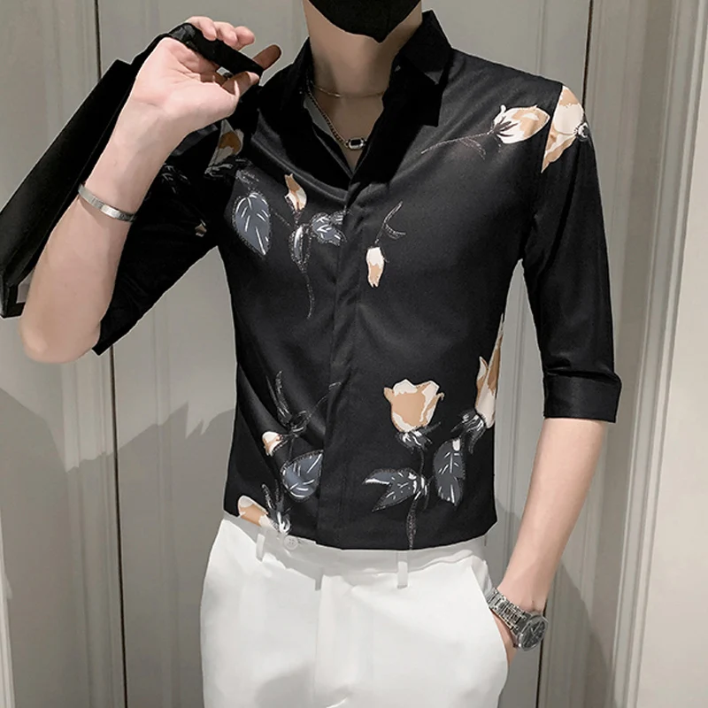 Summer New Turn-down Collar Fashion Half Sleeve Shirt Man High Street Casual Slim Button Cardigan Floral Printing England Tops