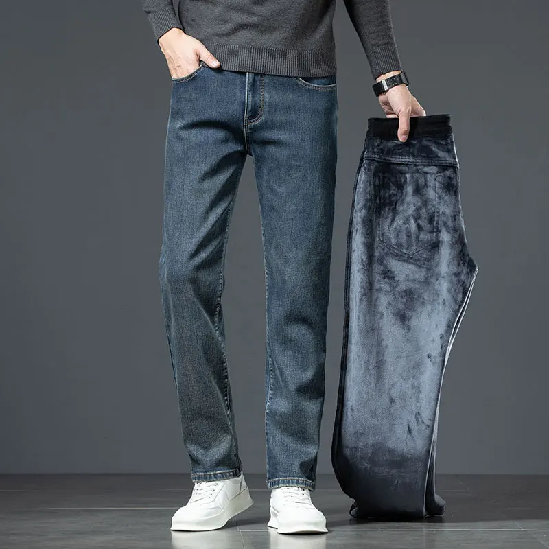 Winter Warm Jeans Men's Fashion Retro Blue Thickened Loose Straight Pants Brand Business Casual Stretch Washed Denim Pants 2