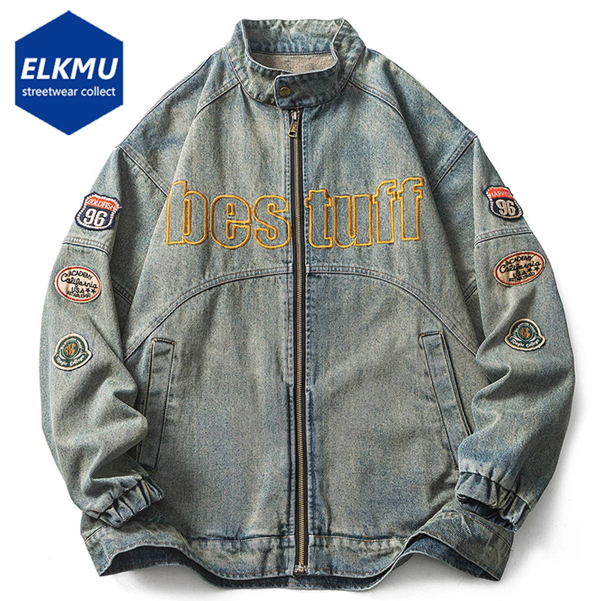 

Vintage Denim Jackets Men Oversized Harajuku Streetwear Hip Hop Jeans Jackets Badge Letter Embroidery Denim Coats Outwear