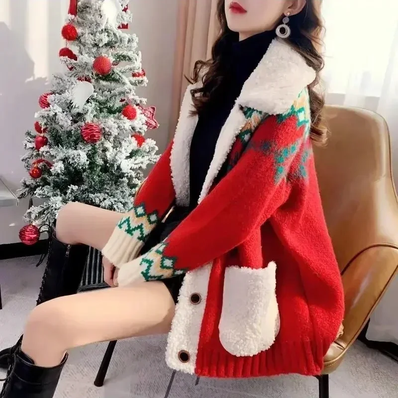 

Женские флисовые свитера, Рождественский красный вязаный кардиган, утепленная вязаная одежда на осень и зиму, свободное плюшевое вязаное пальто, Свитер ский