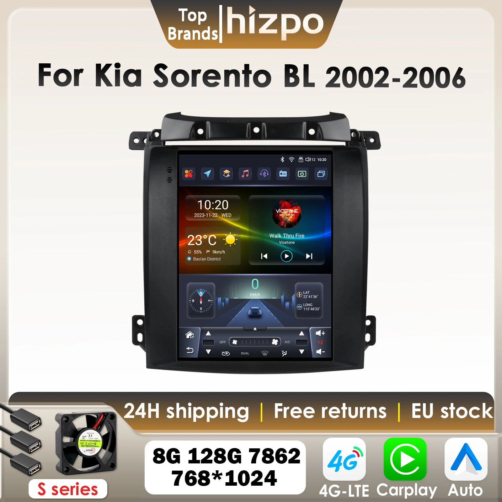 Hizpo Carplay Android Autoradio Für Kia Sorento BL 2002-2006 für Tesla Stil Multimedia 2Din 9,7 "vertikale Bildschirm GPS 4G BT 7862