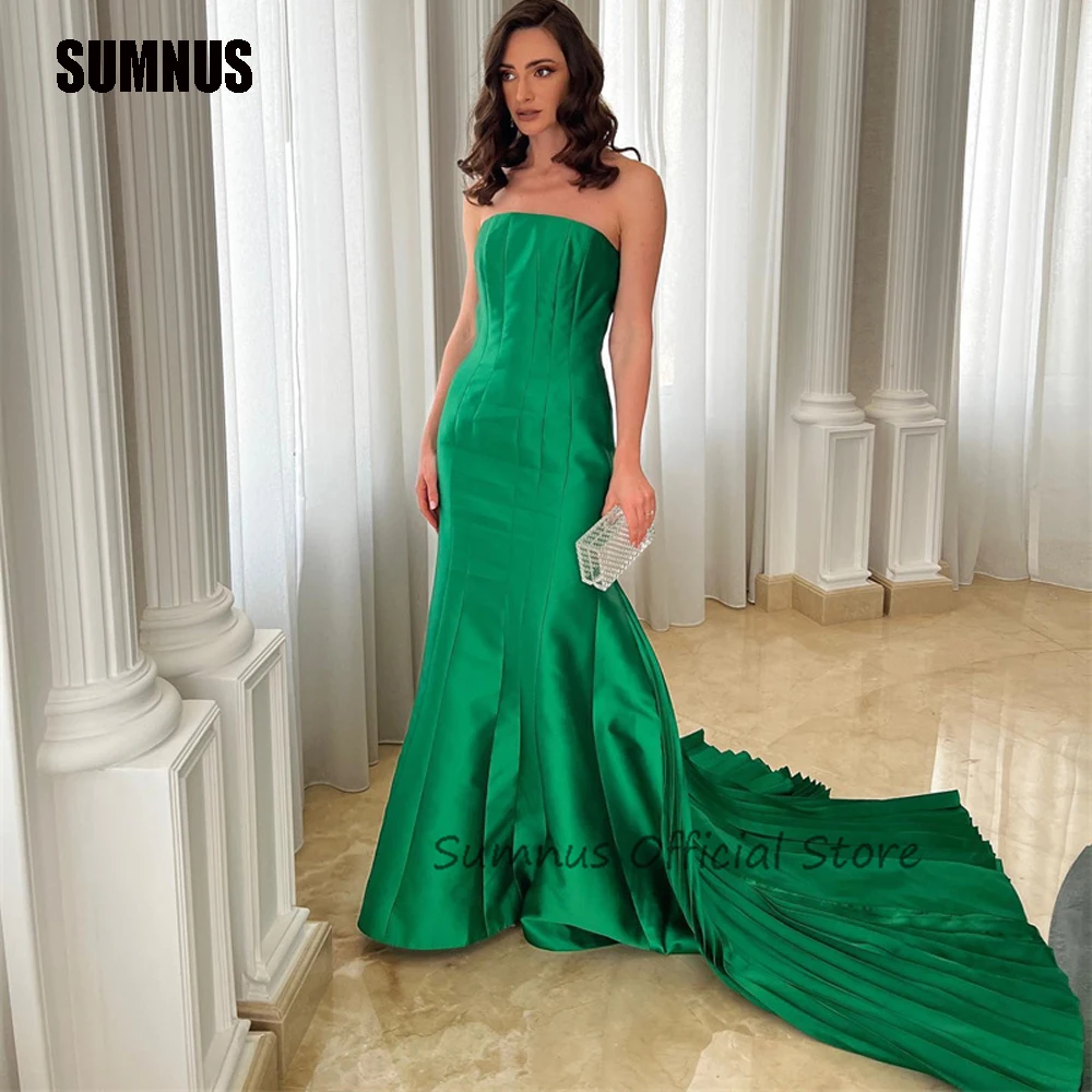 

SUMNUS Green Strapless Mermaid Evening Dresses Arabic Women Pleat Satin Celebrity Dress Prom Party Dress Long Vestidos de fiesta