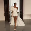 Customized One Shoulder Satin Pleated Ruffles Short Wedding Party Dress Sheath Backless Removable Court Wedding Gown  1