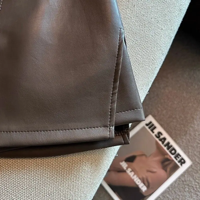Vintage Braun PU Leder Röcke Weibliche Sexy Hot Mädchen Paket Hüfte Mini Rock Frauen Herbst Winter Hohe Taille Split Shorts Rock – Detail 13