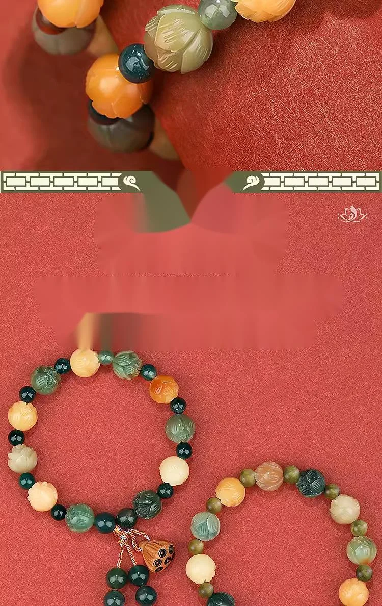 Lingyin Wealth God Same Style Rich Flower Lotus Colored Bodhi Green Sandalwood Water Grass Agate Handcarved Hand Strand, A Lot Of Money And Good Luck_voghion.com