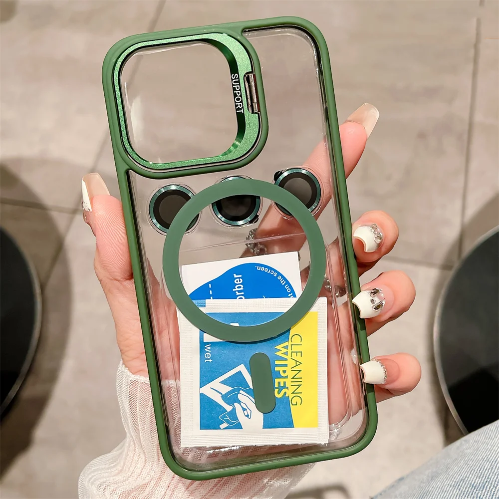 Premium Magnetic Stand Glass Lens Protection Phone Case with Magsafe Compatibility and Shockproof Design
