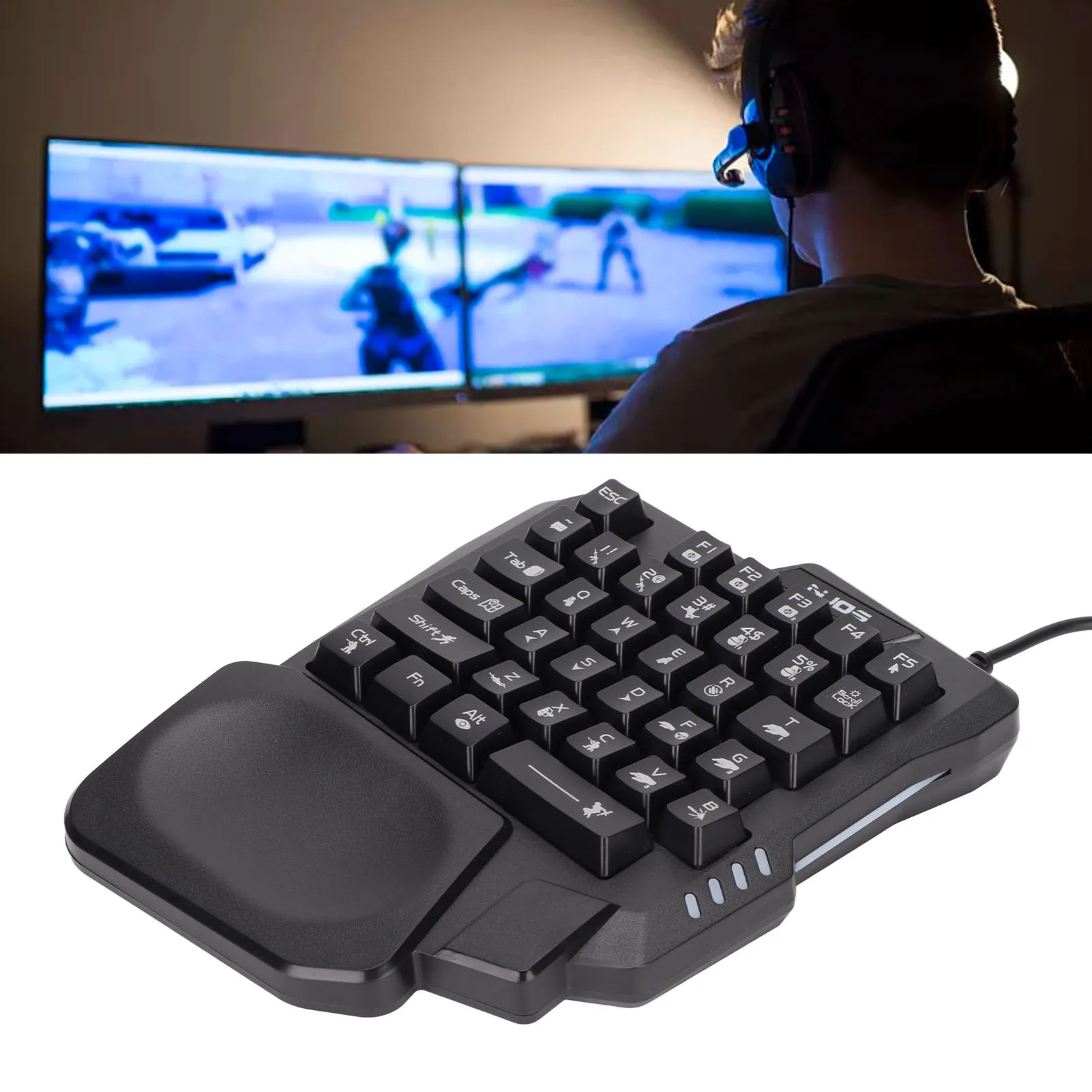 One-Handed Anti-Slip Backlit Gaming Keyboard - Black, 35 Keys