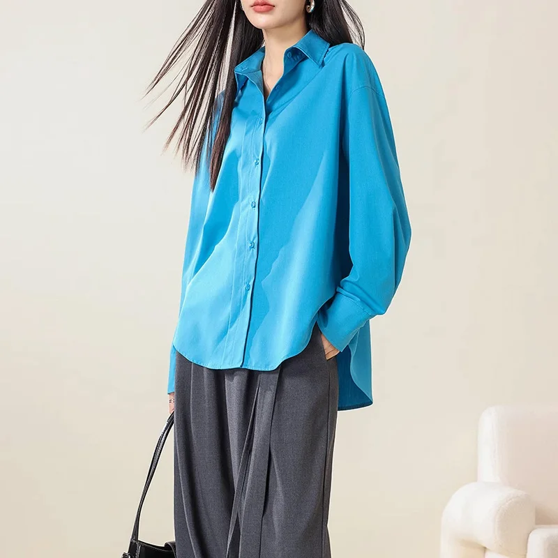 Woman Solid Loose Shirts, Long Sleeved, Turn Down Collar Blouses 2023 Fall Winter New Top, Blue, Black, DALINN