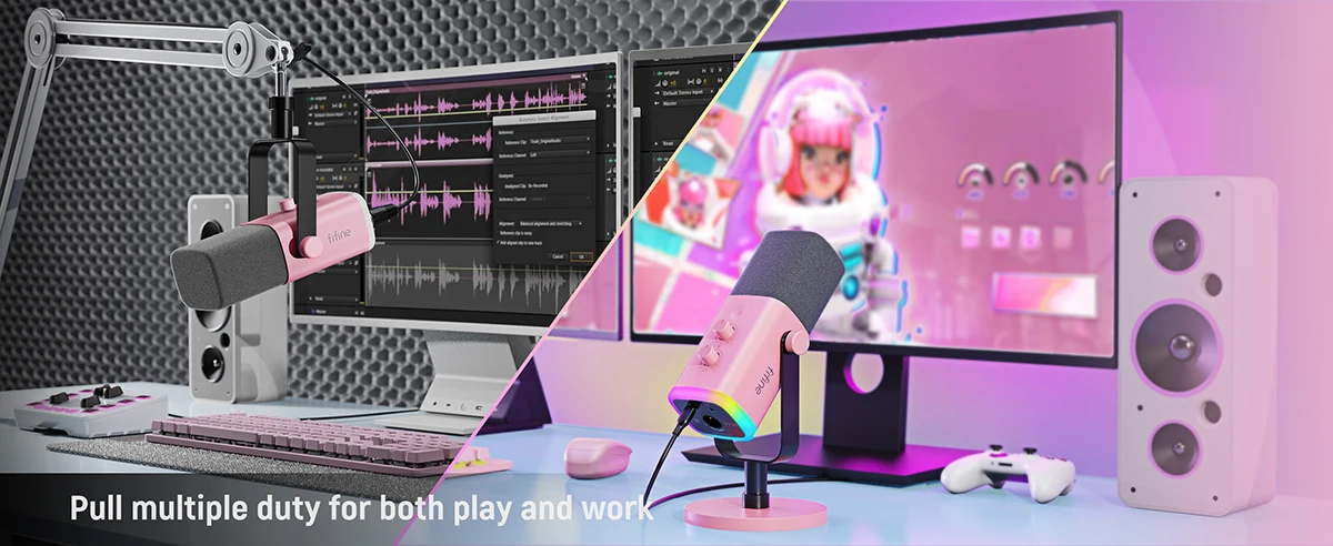 Microfone Rosa Microfone Rosa FIFINE-USB dinâmico XLR com controle RGB, microfone mudo ...