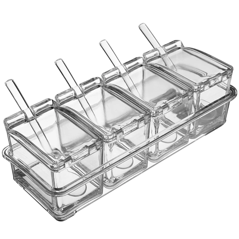 

N0HB 4 Grids Condiment Storage Box Transparent Spices Container Condiments