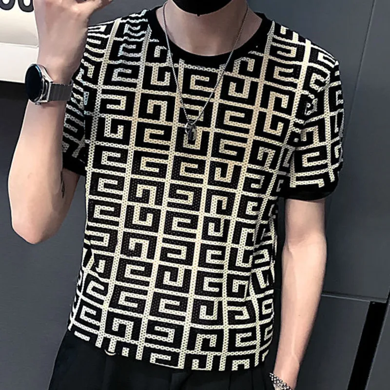 

Fashion Lattice Ice Silk T-shirt Men's Slim Cut Short Sleeve Ruffian Floral Print Tshirt Breathable See Through Tee Shirt Homme