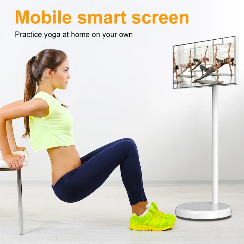 New Design Built-in Battery Flat Screen TV 21.5 Inch 4+64gb White Movable Mobile TV Smart Portable on Wheels