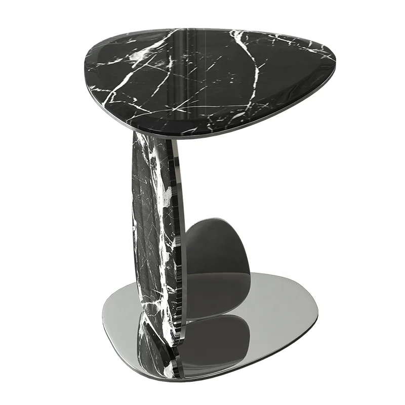 Kreativer Moderner Wohnzimmer-Beistelltisch Runder Schwarzer Marmor Silberner Metall-Edelstahl Eck-Kaffee-Teetisch