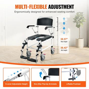VEVOR Shower Commode Wheelchair with 4 Lockable Wheels Footrests Flip-up Arms 3-Level Adjustable Height 5L Removable Bucket 4