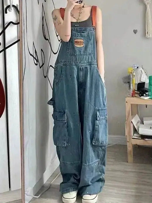 Style Embroidered Denim Strap Jumpsuits Spicy Ink Cool Girl Women'S Autumn/Winter Large Loose And Slim Retro One Piece Pants