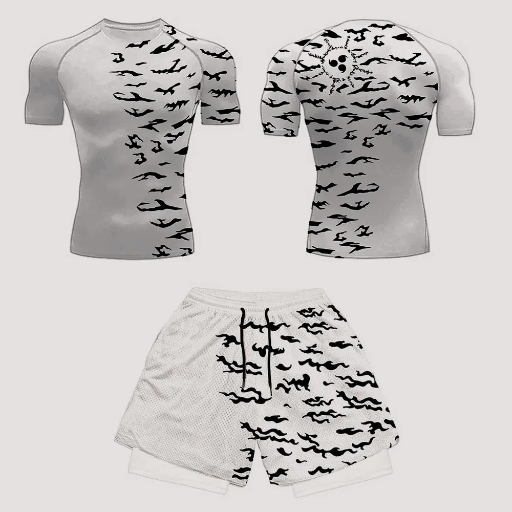 Anime Compression Set Running Fitness Suit for Men Quick Dry Compression Shirt + Gym Shorts 2PCS Summer Workout Sportwear sports suit