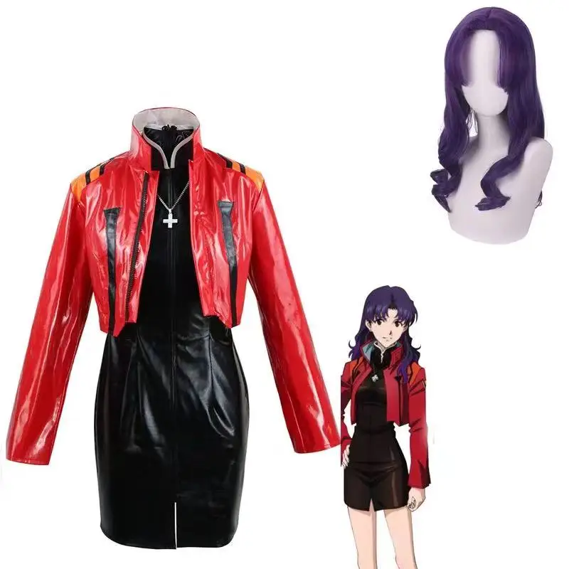 

Anime Katsuragi Misato Cosplay Customes Coat Leather Jumpsuit Halloween Costumes for Women Dress Suit Wig Role Play Vestido