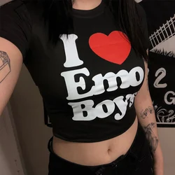 Harajuku Gothic Y2k Tops I love Emo Boy Print Tees Women Sexy T-shirt Vintage 2000s short sleeve Cropped Tee Fairy Crop Tops