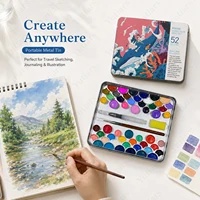52 Colors Watercolor Paint Set Metal Tin Box Shell Pan with Water Brush Detail Brush Portable Artist Kit for Painting DIY Art 6