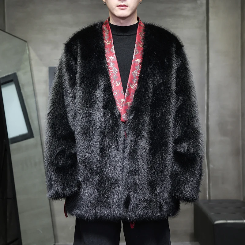 

Autumn Winter Men Women Vintage Faux Fur Cardigan Jacket Unisex Streetwear Fashion Loose Casual Kimono Coat Outerwear Plus Size