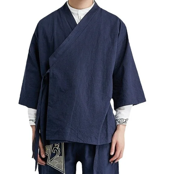 Plus Size Men's Kimono Cardigan Jacket Cotton Linen Japanese Yukata Haori Loose Open Front Hanfu Coat Samurai Costume Streetwear