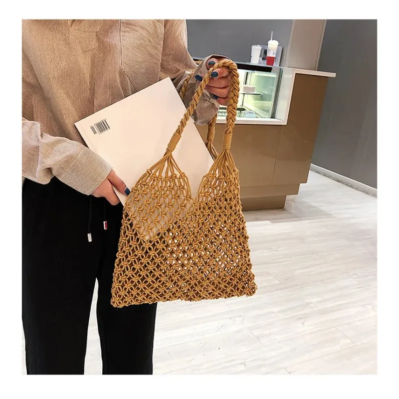 Wind Cotton Handmade Woven Bag, Beach Bag, One Shoulder Portable Leisure Hollowed Out Tourism And Vacation Fishing Net Bag