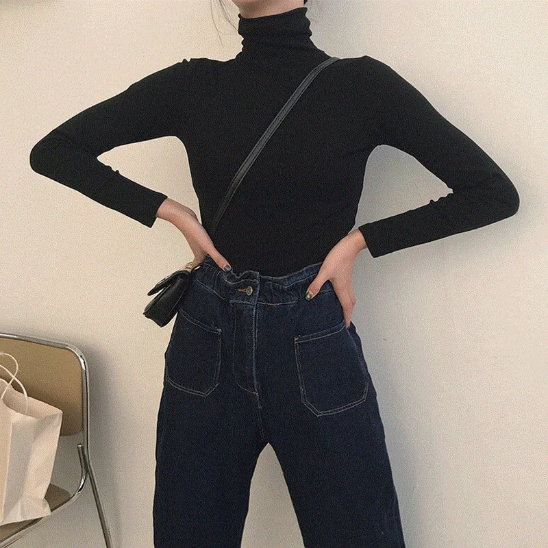 Spring Autumn Turtleneck T-shirt Women All-Match Top Shirt Soft Comfortable Inner Top Casual Long Sleeve T-shirt Office Wear 6