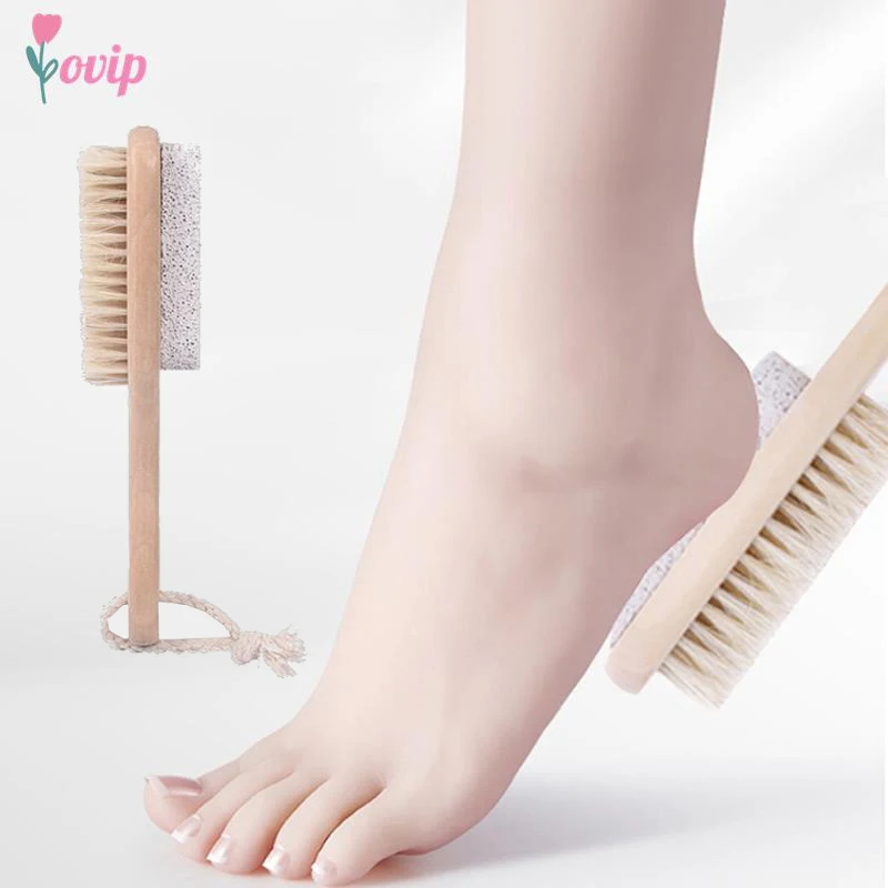 

Wood Handle Pumice Stone Foot Brush Scrubber Feet Exfoliating Dead Skin Remover Natural Bristle Massage Brush