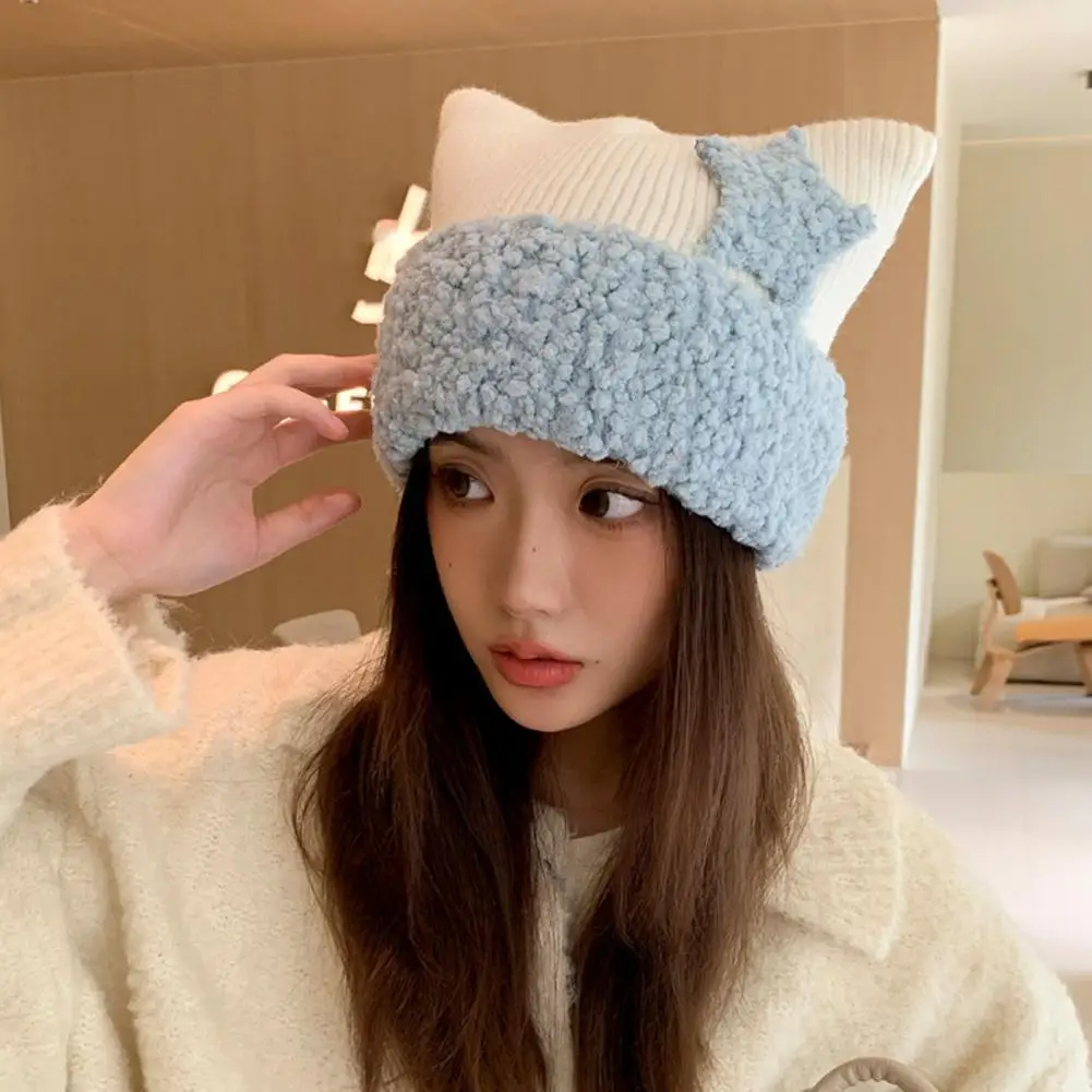 

Soft Warm Beanie Stylish Women's Winter Hat Pentagram Shape Kitty Ear Decor Knitted Thick Design Windproof Warm Lady Daily