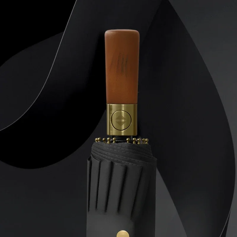 Automatic Wooden Handle Large Folding Windproof Umbrella