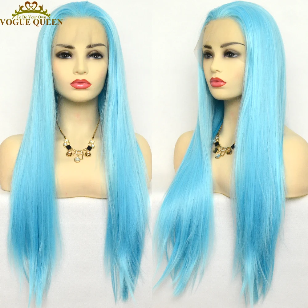 

Voguequeen Blue Color Synthetic Lace Front Wig Long Silky Straight Heat Resistant Fiber Daily Wear For Women