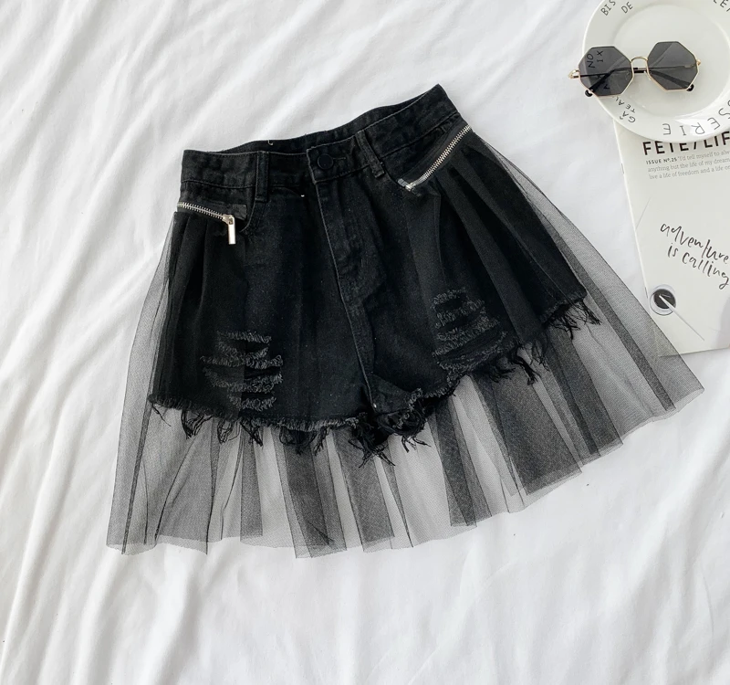 Women Patchwork High Waist Slim Denim Shorts Summer Sexy Hole Solid Jeans Shorts Ladies All-Match Bottom with Mesh Feminino Chic