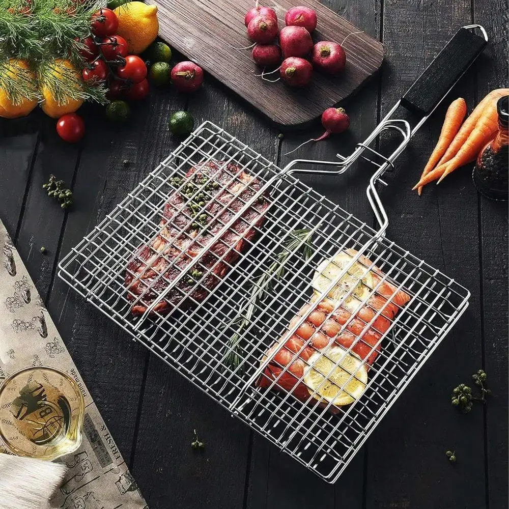 Folding Portable Outdoor Camping Stainless Steel BBQ Rack Removable Handle Grilling Basket Barbeque Griller Cooking Tools