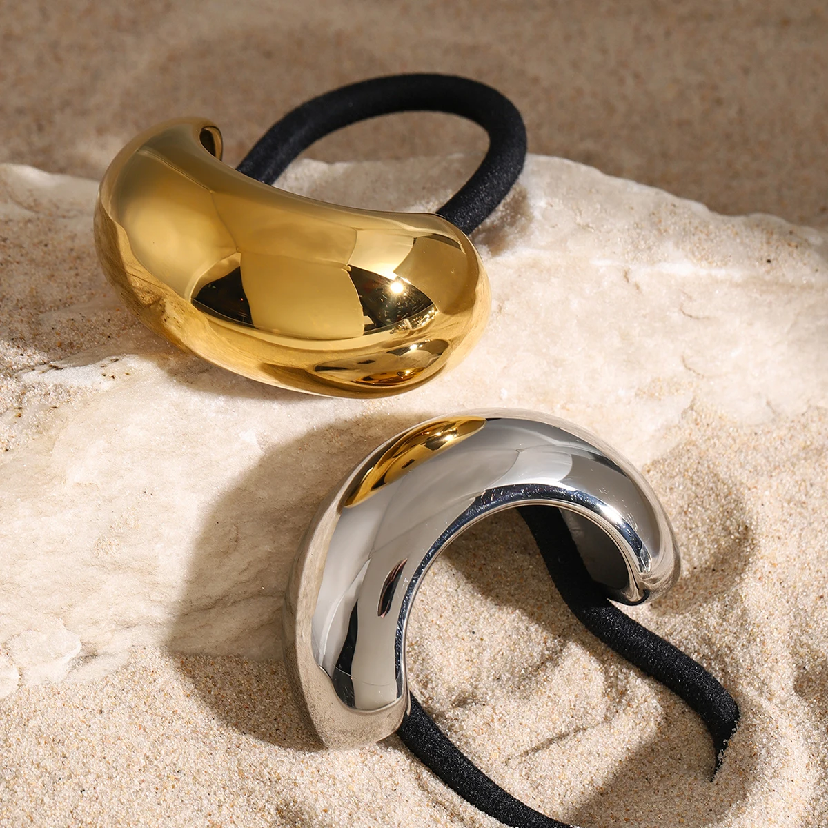 Stainless Steel 18K Gold Plated Wide Glossy U-shaped Curve Small Arc Black Rubber Hairbands Ponytails Curved Buckle Hair Tie