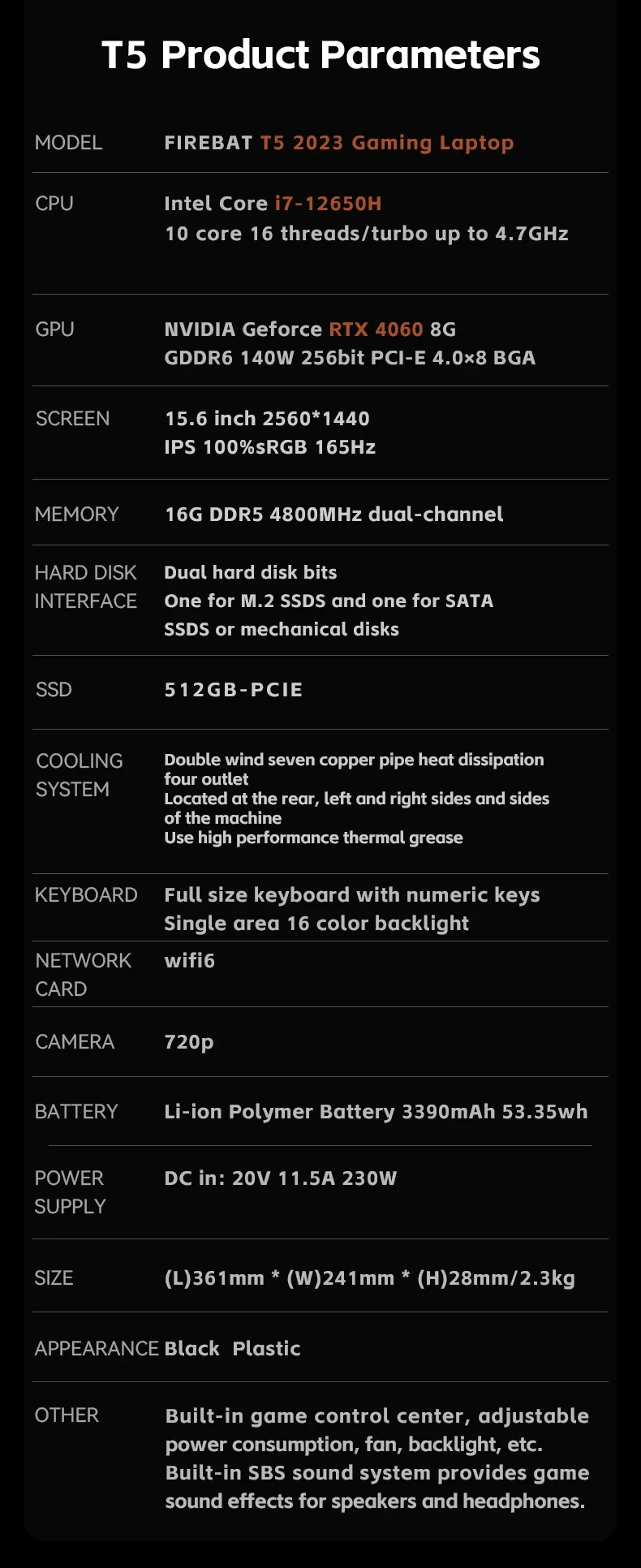 FIREBAT T5K 15.6 Inch Intel i5-13500/i7-12650H RTX 4060 DDR5 RA M.2 1TB ...