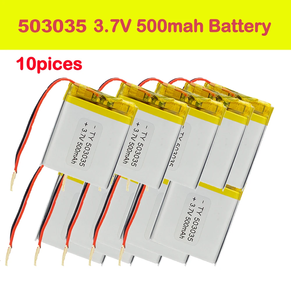 Bateria de Lítio Recarregável para Gravador de Condução Led Bateria Lipo Polímero Gps Alto-falante Bluetooth 3.7v 503035 500mah 10 Pcs