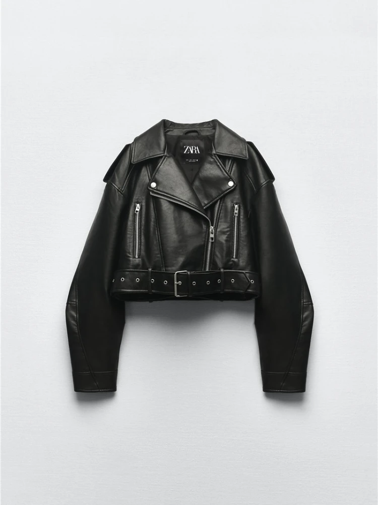 Leather Clothes Polo Collar Jacket Women's Short Black PU  Irregular Long-Sleeved Spring and Autumn Fashion All-Matching Casual