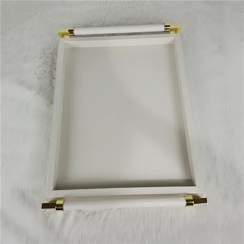 Storage Wooden Tray Leather Plate European Gray Metal Tray Rectangle with Handle Home Hotel Storage Ornaments Serving Plate 4