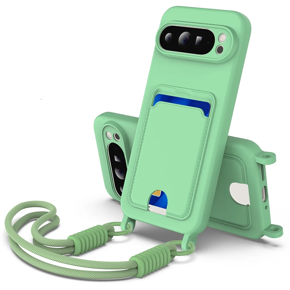 Premium Soft Liquid Silicone Phone Case with Lanyard and Card Holder - Shockproof Protective Cover