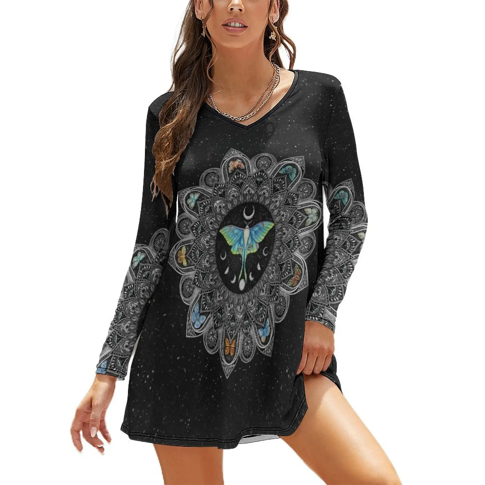 

Женское платье с длинным рукавом, свободное летнее платье с изображением лунной моли и мандалы на фоне, 2024