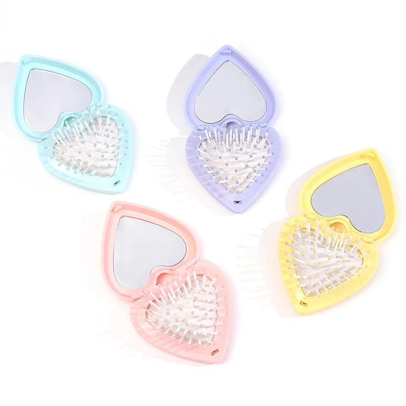 

Mini Pocket Hair Brush Heart Shaped Folding Comb with Mirror Portable Head Massage Foldable Small Comb Travel Makeup Tool