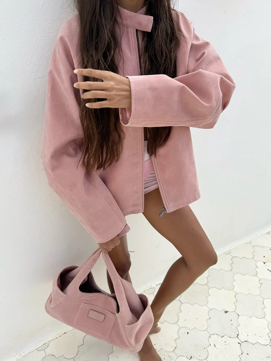 Bornladies Women's Retro Suede Velvet Jacket Stand Collar New Autumn Winter Coats Minimalist Outerwear Jackets